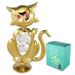 Статуэтка Кошка в подарочной коробке, металл, кристаллы, золотистый