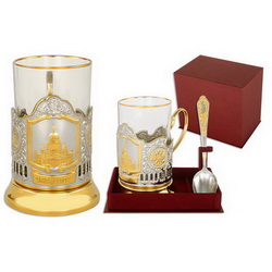 Набор чайный Исаакиевский собор: подстаканник (никель, позолота), стакан, ложка, в подарочной коро