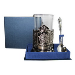 Набор чайный Звезда с гербом РФ: подстаканник(никель, чернение), стакан, ложка, в подарочной коро