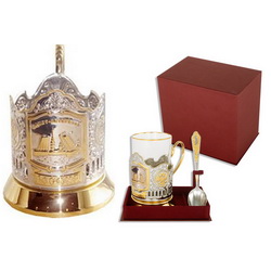 Набор чайный "Разводные мосты Санкт-Петербурга": подстаканник (никель, позолота), стакан, ложка, в подарочной коробке
