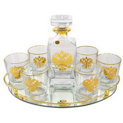 Набор для виски Российский: штоф, 6 стаканов, зеркальный поднос, хрусталь, позолота, Италия