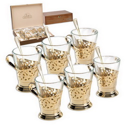 Набор чайный Delicate из 6-и стаканов с подстаканниками и ложек, позолота, в деревянной коробке, Италия