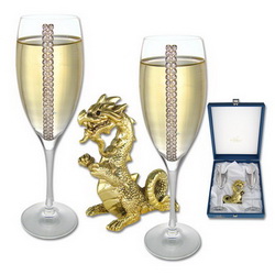 Набор для шампанского с сувениром Дракон, хрустальное стекло, стразы Swarovski, покрытие - золото, Италия