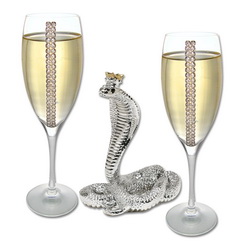 Набор для шампанского с сувениром Змея, хрустальное стекло, стразы Swarovski, покрытие - серебро, Италия