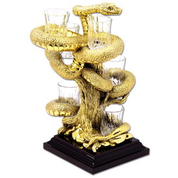 Набор из 6-и стопок для водки на подставке Змея, дерево, хрустальное стекло, покрытие - золото, Италия, цвет золотистый