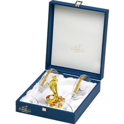 Набор для шампанского с сувениром Змея с монетами, хрустальное стекло, стразы Swarovski, покрытие - золото, Италия