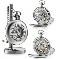 Часы карманные Skeletal на подставке с прозрачным корпусом и функцией автоподзавода (кварц,японский механизм), нержавеющая сталь, цвет серебристый