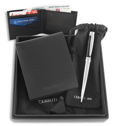 Набор CERRUTI: портмоне, ручка шариковая, кожа, металл, черный