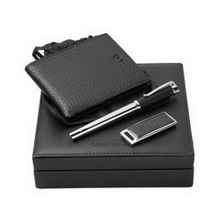 Набор CERRUTI: портмоне, ручка шариковая, флэш-карта USB 2 Gb, кожа, металл, в подарочной коробке, цвет черный