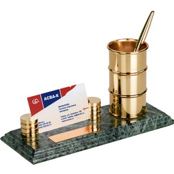 Настольный набор "Нефтяной край" с визитницей и карандашницей в виде нефтяной бочки, мрамор, латунь