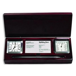 Часы, ручка, термометр в подарочной деревянной коробке, дерево, металл