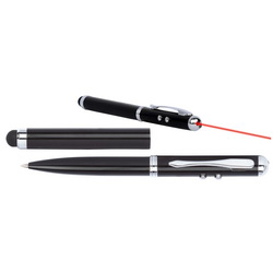Ручка шариковая с фонариком, лазерной указкой и стилусом в подарочном футляре, металл/каучук