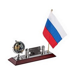 Настольный набор подставка под визитки, глобус, флаг России серебристы
