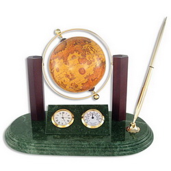 Настольный набор с глобусом,часами, барометром и ручкой, мрамор, дерево, металл