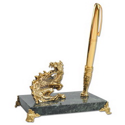 Настольный набор Дракон с ручкой, мрамор, бронза, золотистый