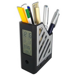 Часы-USB-разветвитель на 4 порта-календарь-термометр-подставка под мобильный телефон и ручки, черны