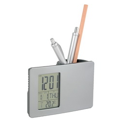 Часы-календарь-термометр с подставкой под ручки, серебристый