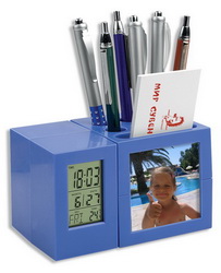 Часы-термометр-календарь-фоторамка 7х7 см, подставка под ручки, синий