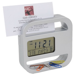 Часы-календарь-термометр- подставка для визитных карт, цвет  серебристый