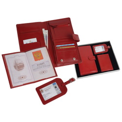 Набор: портмоне путешественника 2 в1 с отделениями для мелочи, документов и отстегивающимся портмоне, обложка для паспорта, бирка для багажа, кожа, цвет красный