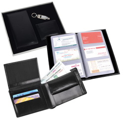 Набор: портмоне с отделениями для кредитных карт и мелочи, визитница на 60 визиток, флеш-карта-брелок, 4 Gb,кожа, металл