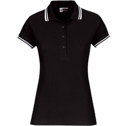 Рубашка-поло женская, S, с белой полосой на воротнике и манжетах, 100% хлопок, плотность 180 г/кв.м, цвет черный
