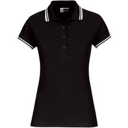 Рубашка-поло женская, M, с белой полосой на воротнике и манжетах, 100% хлопок, плотность 180 г/кв.м, цвет черный