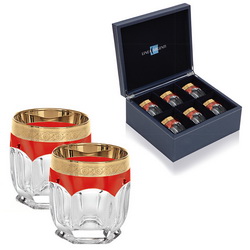 Набор для виски: 6 стаканов с красной отделкой, хрусталь, позолота, в подарочной коробке, размер бокала - 8,5х10 см, Италия