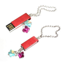 Флэш-карта USB, 4Gb, на цепочке с кристаллами Цветочек, цвет красный