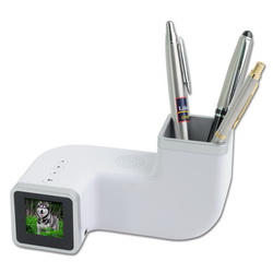 Подставка для ручек с цифровой фоторамкой, часами и будильником, цвет белый