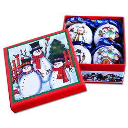 Набор из 4-x новогодних шаров Веселые снеговики, паье-маше d7,5 см, в подарочной коробке