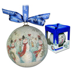 Шар новогодний Снеговик из папье-маше, d7,5 см, в подарочной упаковке, синий
