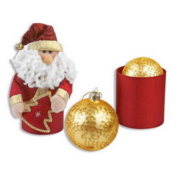 Дед Мороз с шариком в тубусе, стекло, золотистый
